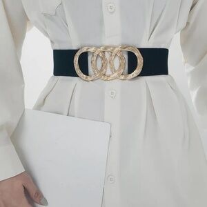 2/$30 Black Elastic Stretch Waist Belt with Gold Triple-Ring Buckle For Dress